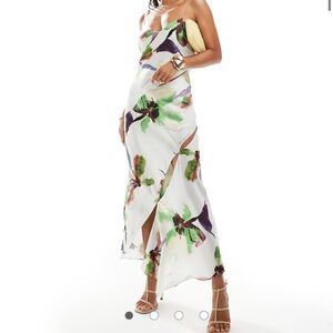 ASOS DESIGN cowl neck satin midi dress with cut outs and buckle detail